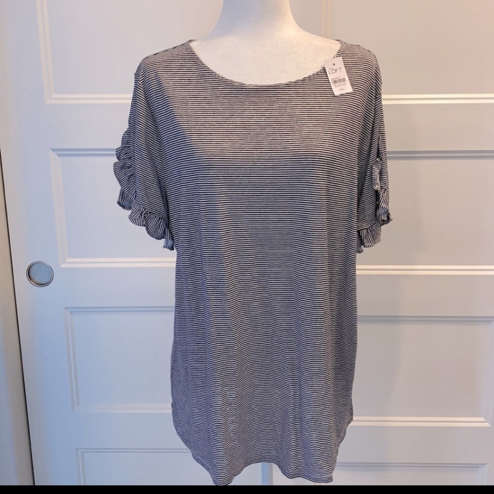 LOFT 100% linen tiny striped blue white top with ruffled short sleeves, XXL